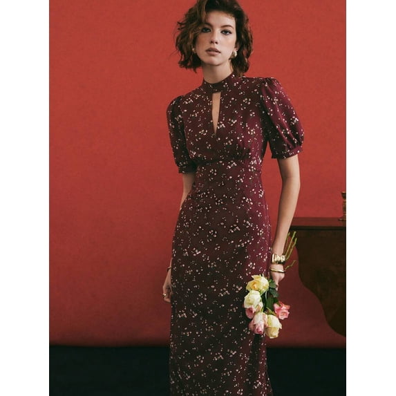 Elegant Burgundy Ditsy Floral Keyhole Neck Puff Sleeve Maxi Dress