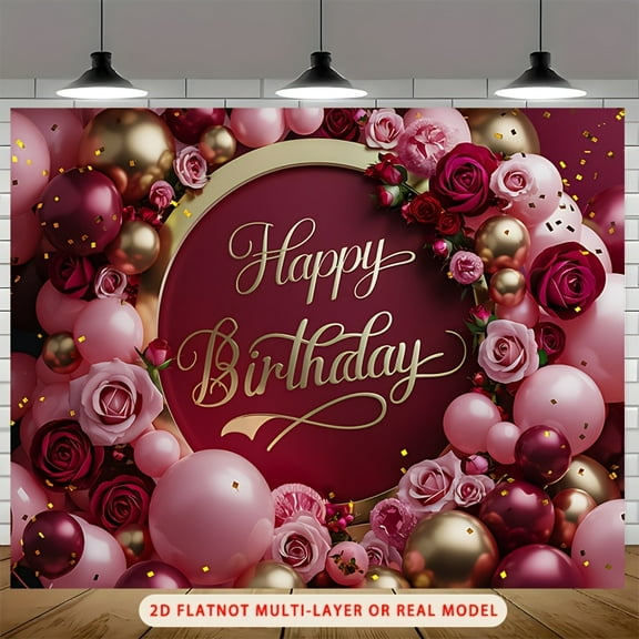 Elegant Burgundy Floral Birthday Backdrop Luxury Pink Floral Balloons Happy Birthday Photography Background Pink Burgundy Rose Golden Confetti Birthday Party Decorations Banner Photo Booth Props