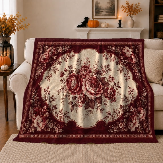 Elegant Burgundy Floral Peony Medallion, Cozy Botanical Garden Scene, Warm Flannel Blanket for Sunroom and Reading Nook, Garden Lovers Valentine's Day Gift, Artistic Home Decor