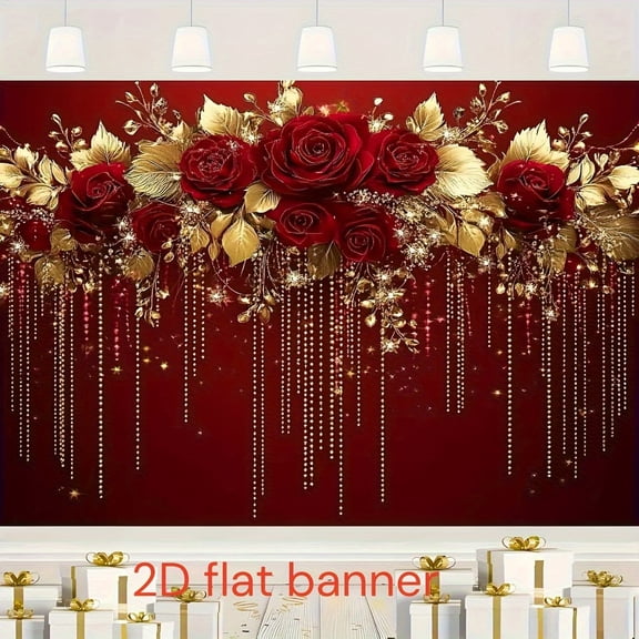 Elegant Burgundy Floral Wedding Backdrop Gold Leaves Bridal Shower Photography Background Luxurious Red Rose Golden Glitter Tassels Birthday Party Decorations Banner Photo Booth Props