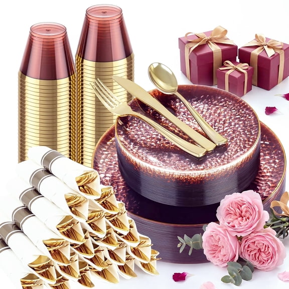 Elegant Burgundy Hammered Disposable Dinnerware Set for 25 Guests 175PCS