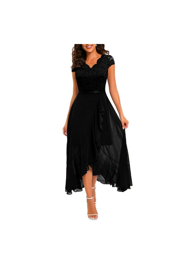 Elegant Burgundy Lace Evening Dress for Women, Short Sleeve V-Neck High Low Formal Cocktail Party Gown with Ribbon Belt,Black L