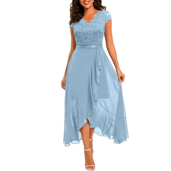Elegant Burgundy Lace Evening Dress for Women, Short Sleeve V-Neck High Low Formal Cocktail Party Gown with Ribbon Belt,Light Blue XL