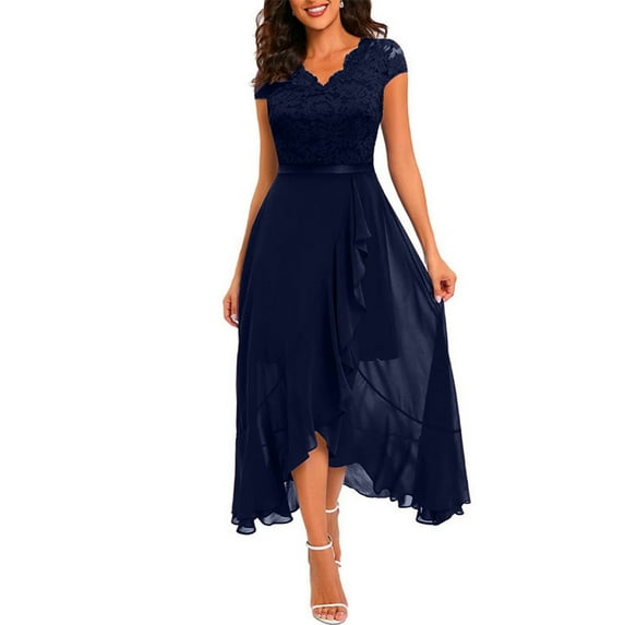 Elegant Burgundy Lace Evening Dress for Women, Short Sleeve V-Neck High Low Formal Cocktail Party Gown with Ribbon Belt,Navy L