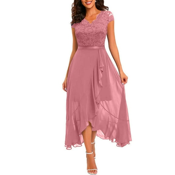 Elegant Burgundy Lace Evening Dress for Women, Short Sleeve V-Neck High Low Formal Cocktail Party Gown with Ribbon Belt,Pink XL