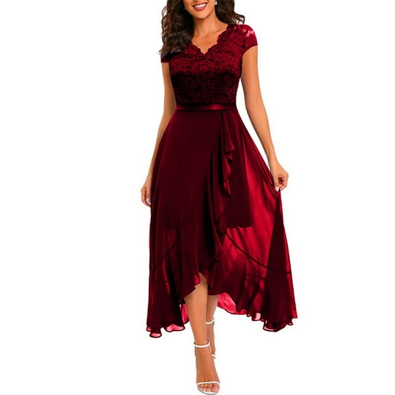 Elegant Burgundy Lace Evening Dress for Women, Short Sleeve V-Neck High Low Formal Cocktail Party Gown with Ribbon Belt,Red L