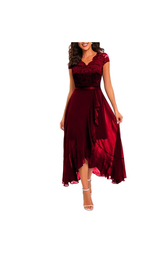 Elegant Burgundy Lace Evening Dress for Women, Short Sleeve V-Neck High Low Formal Cocktail Party Gown with Ribbon Belt,Red L