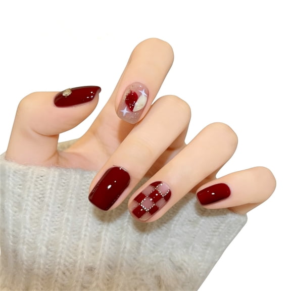 Elegant Burgundy Press On Nails Short 96Pcs 4 Box, Heart Checkerboard Gold Glitter Fake Nails, Nail Set with Jelly, Reusable Acrylic False Nails for Women Girls, Daily Wear Wedding Birthday