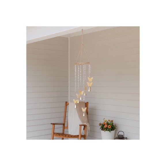 Elegant Butterflies and Crystals Hanging Windchime Bell - Artistic Waterfall Wind Chime Outdoor Yard and Garden Art Decorations - 38", Gold