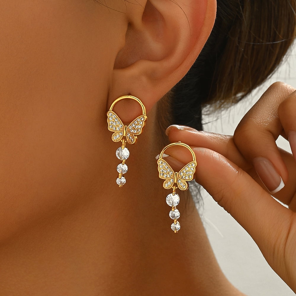 Elegant Butterfly Brass Pave Clear Cubic Zirconia Dangle Stud Earrings DIY Golden 34x15mm
