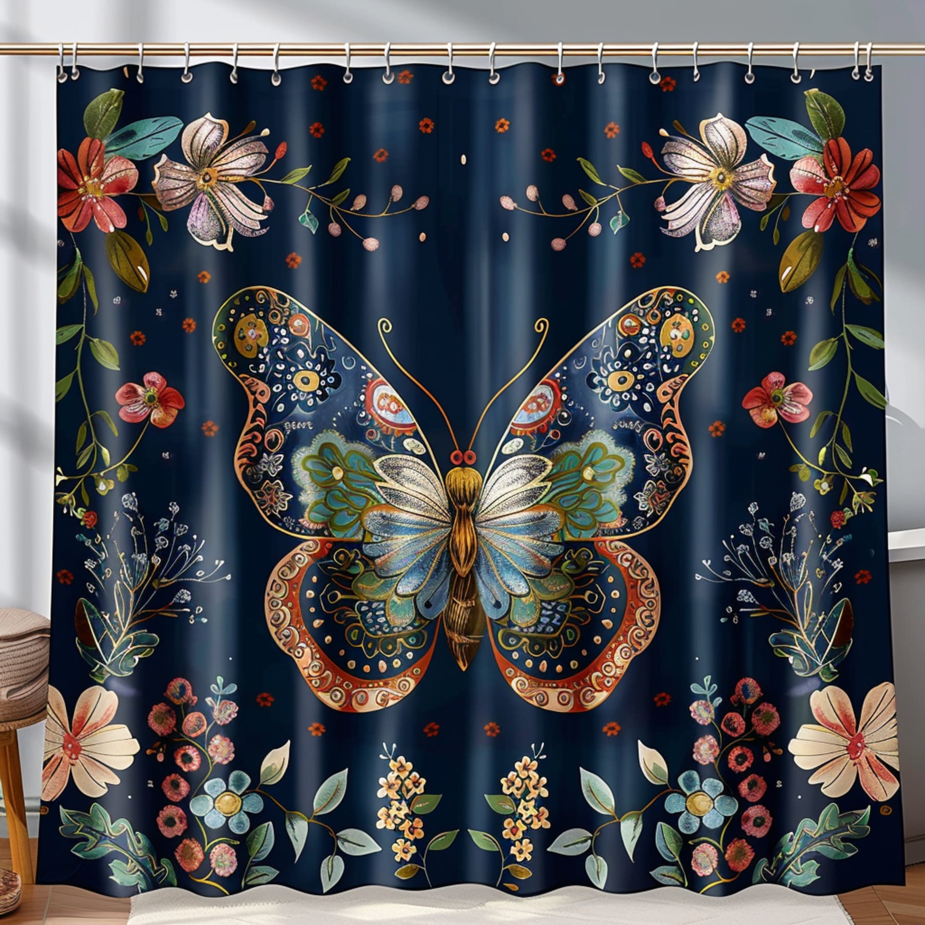 Elegant Butterfly Floral Boho Shower Curtain Set Dark Blue Bathroom ...