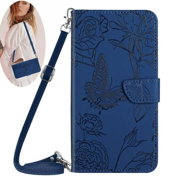 Elegant Butterfly Flower Embossed Flip Case for Motorola Moto G 5G 2024 - PU Leather Wallet Case Kickstand Card Slots Drop Protection Lanyard Shoulder Strap for Moto G 5G 2024, Darkblue