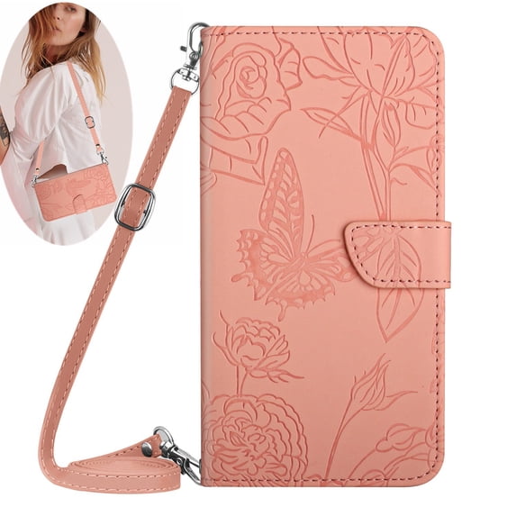 Elegant Butterfly Flower Embossed Flip Case for Motorola Moto G Power 5G 2024 - PU Leather Wallet Case Kickstand Card Slots Drop Protection Lanyard Shoulder Strap for Moto G Power 5G 2024, Pink