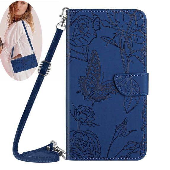 Elegant Butterfly Flower Embossed Flip Case for Motorola Moto G Power 5G 2024 - PU Leather Wallet Case Kickstand Card Slots Drop Protection Lanyard Shoulder Strap for Moto G Power 5G 2024, Darkblue
