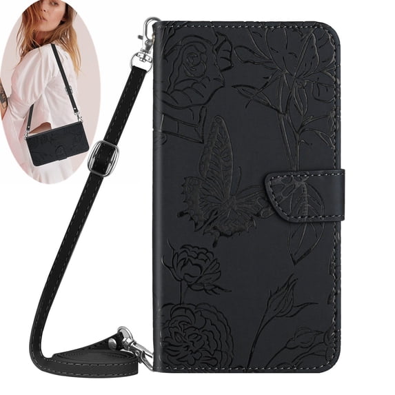Elegant Butterfly Flower Embossed Flip Case for Motorola Moto G Power 5G 2024 - PU Leather Wallet Case Kickstand Card Slots Drop Protection Lanyard Shoulder Strap for Moto G Power 5G 2024, Black