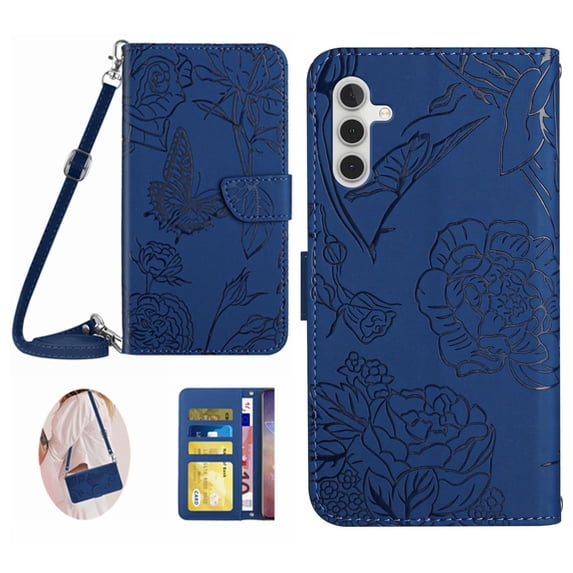 Elegant Butterfly Flower Embossed Flip Case for Samsung Galaxy S24 FE - PU Leather Wallet Case Kickstand Card Slots Drop Protection Lanyard Shoulder Strap for Samsung Galaxy S24 FE, Darkblue