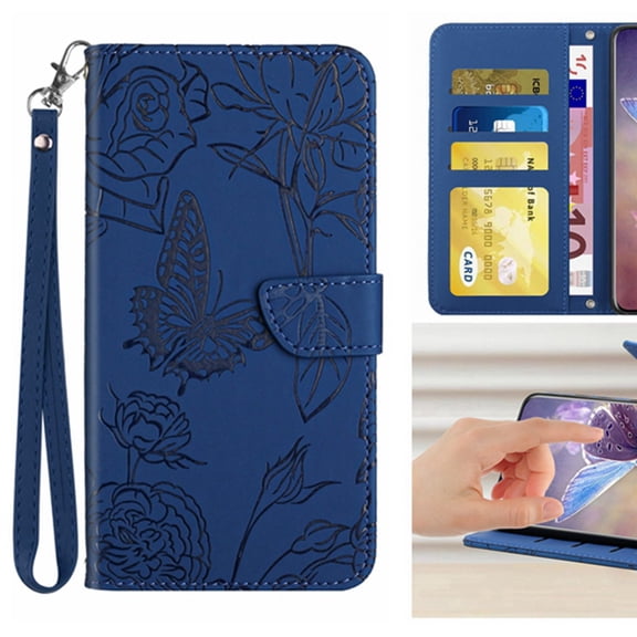 Elegant Butterfly Flower Embossed Flip Case for Samsung Galaxy S25 Edge - PU Leather Wallet Case with Kickstand Card Slots Drop Protection Wrist Strap and Shoulder Strap for S25 Edge, Darkblue