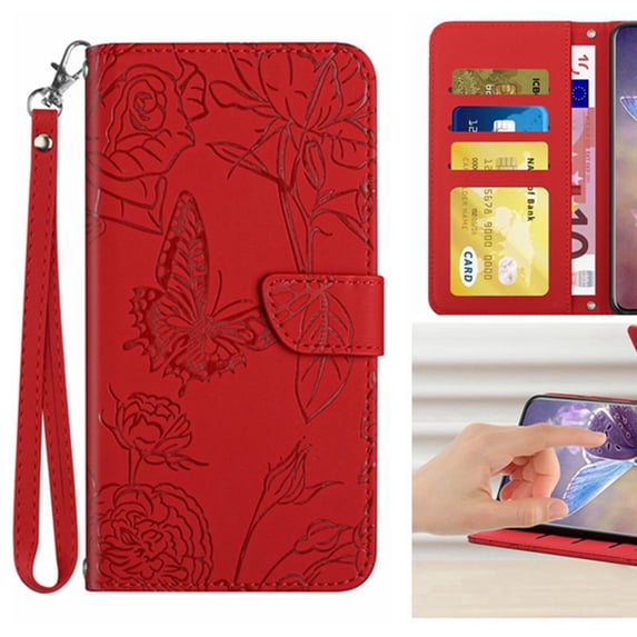 Elegant Butterfly Flower Embossed Flip Case for Samsung Galaxy S25 Plus - PU Leather Wallet Case with Kickstand Card Slots Drop Protection Wrist Strap and Shoulder Strap for S25 Plus, Red