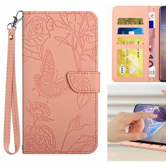 Elegant Butterfly Flower Embossed Flip Case for Samsung Galaxy S25 Plus - PU Leather Wallet Case with Kickstand Card Slots Drop Protection Wrist Strap and Shoulder Strap for S25 Plus, Pink