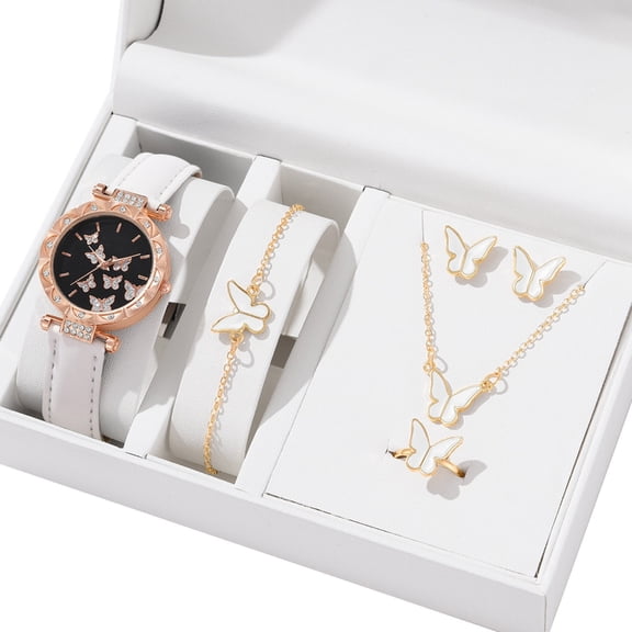 Elegant Butterfly Jewelry Set Women Watch Crystal Watches Fashion Rings Necklace Earring Bracelet Perfect for Daily Wear