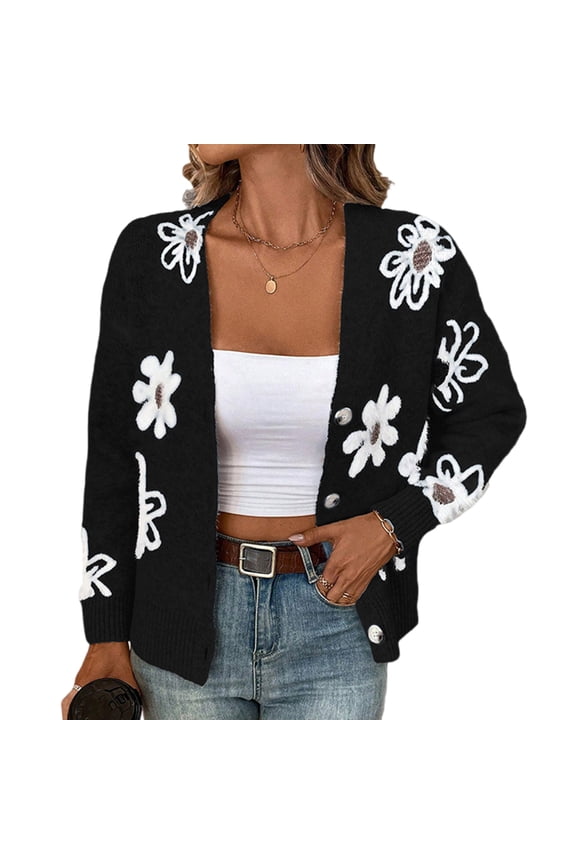 Elegant Button Down Sweater For Women Blossomy Embellished Polyester Weave Low Maintenance Everyday Use