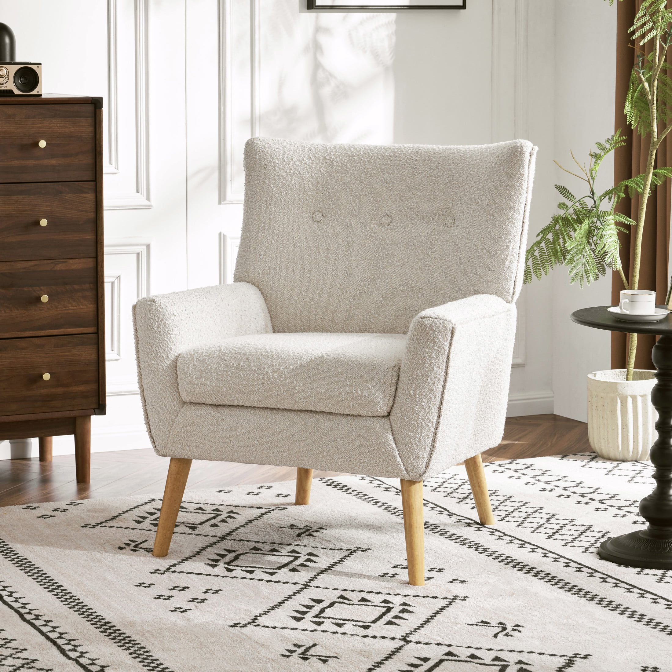 Contemporary White Boucle Upholstered Club Chair with Natural Wood Legs