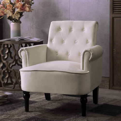 Elegant Button Tufted Club Chair Accent Armchairs Roll Arm Living Room Cushion with Wooden Legs Off White