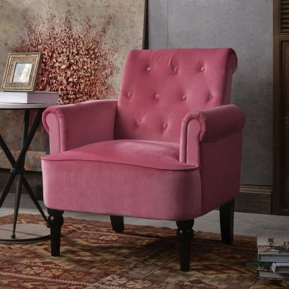Elegant Button Tufted Club Chair Accent Armchairs Roll Arm Living Room Cushion with Wooden Legs, Rosewood Velvet