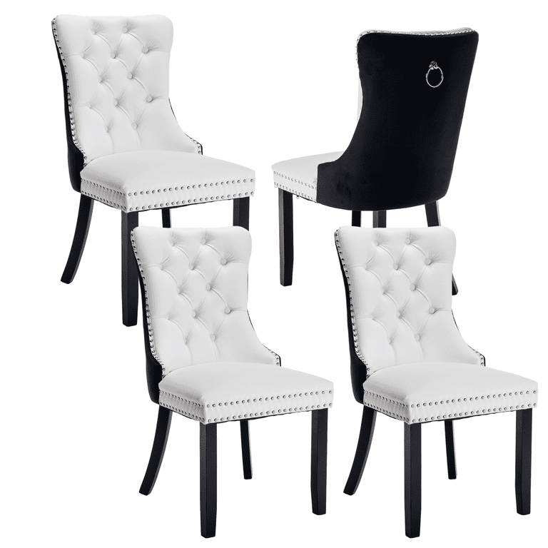 Elegant Button Tufted Dining Chairs High end PU and Velvet Upholstered Dining Chairs with Nailhead Back and Ring Pull Trim Solid Wood Dining Chairs