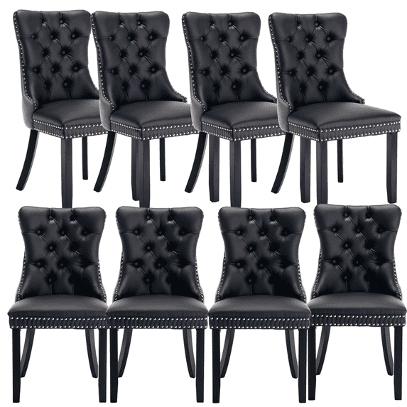 Elegant Button Tufted Dining Chairs, High-end PU and Velvet Upholstered Dining Chairs with Nailhead Back and Ring Pull Trim, Solid Wood Dining Chairs for Dining Room (Black+Gray with PU,Set of 8)