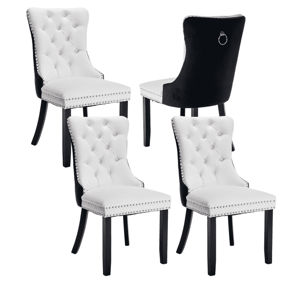 Elegant Button Tufted Dining Chairs, High-end PU and Velvet Upholstered Dining Chairs with Nailhead Back and Ring Pull Trim, Solid Wood Dining Chairs for Dining Room (White+Black with PU,Set of 4)
