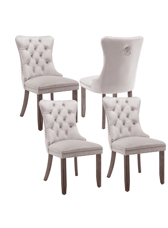 Elegant Button Tufted Dining Chairs, High-end Velvet Upholstered Dining Chairs with Nailhead Back and Ring Pull Trim, Solid Wood Dining Chairs for Kitchen Bedroom Dining Room (Beige,Set of 4)