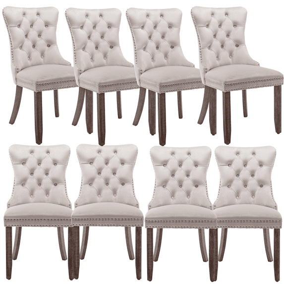 Elegant Button Tufted Dining Chairs, High-end Velvet Upholstered Dining Chairs with Nailhead Back and Ring Pull Trim, Solid Wood Dining Chairs for Kitchen Bedroom Dining Room (Beige,Set of 8)