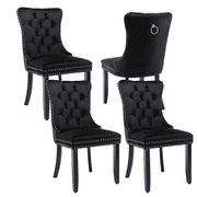 Elegant Button Tufted Dining Chairs, High-end Velvet Upholstered Dining Chairs with Nailhead Back and Ring Pull Trim, Solid Wood Dining Chairs for Kitchen Bedroom Dining Room (Black,Set of 4)