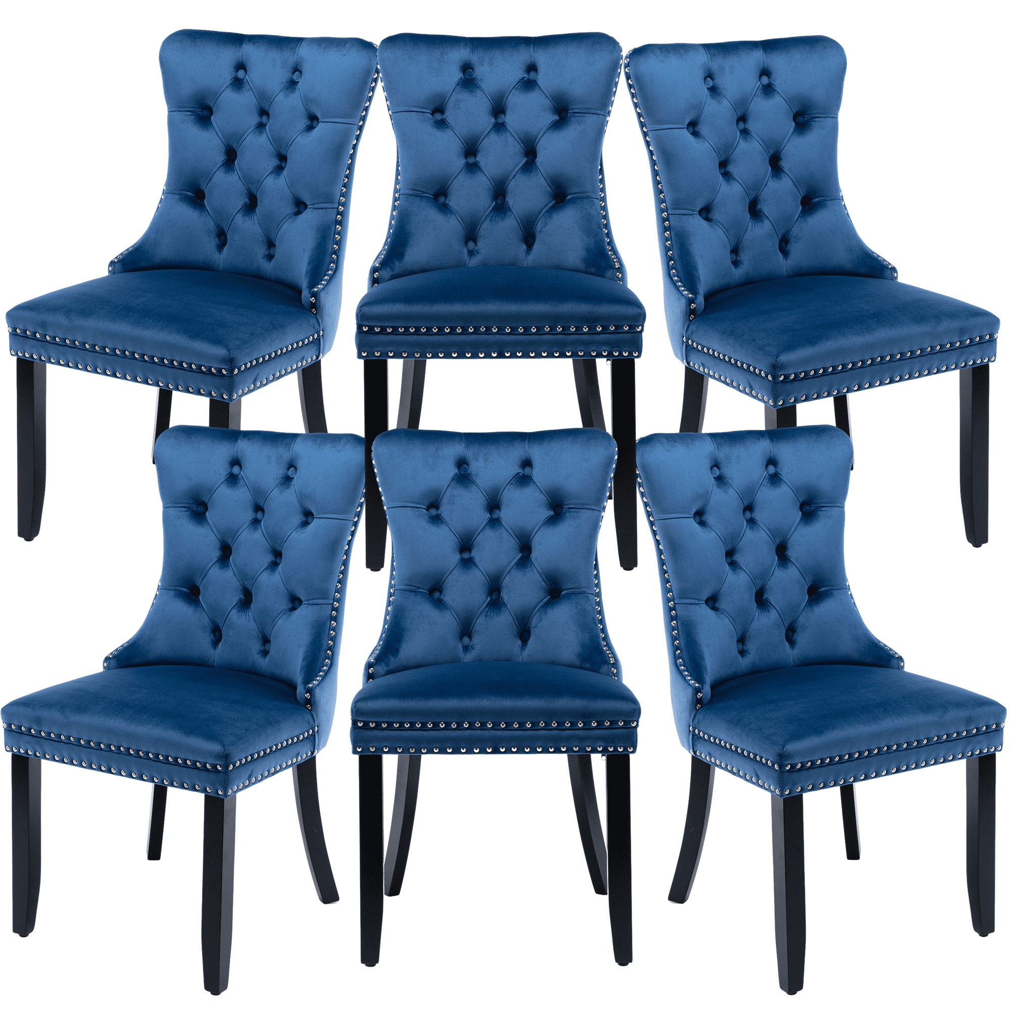 Blue Velvet Upholstered Side Chairs with Wood Legs, Set of 6
