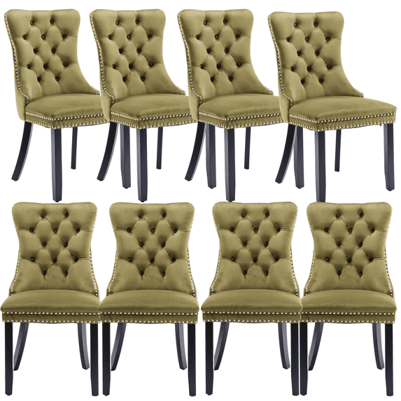 Elegant Button Tufted Dining Chairs, High-end Velvet Upholstered Dining Chairs with Nailhead Back and Ring Pull Trim, Solid Wood Dining Chairs for Kitchen Bedroom Dining Room (Olive-Green,Set of 8)