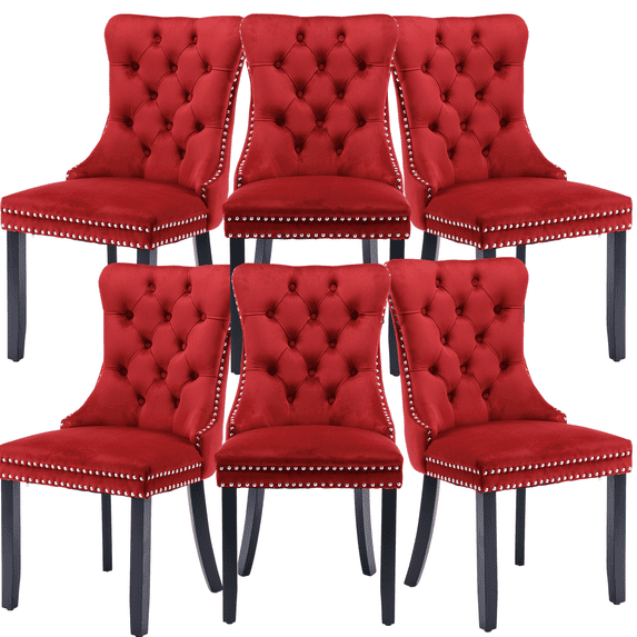 Elegant Button Tufted Dining Chairs, High-end Velvet Upholstered Dining Chairs with Nailhead Back and Ring Pull Trim, Solid Wood Dining Chairs for Kitchen Bedroom Dining Room (Wine Red,Set of 6)