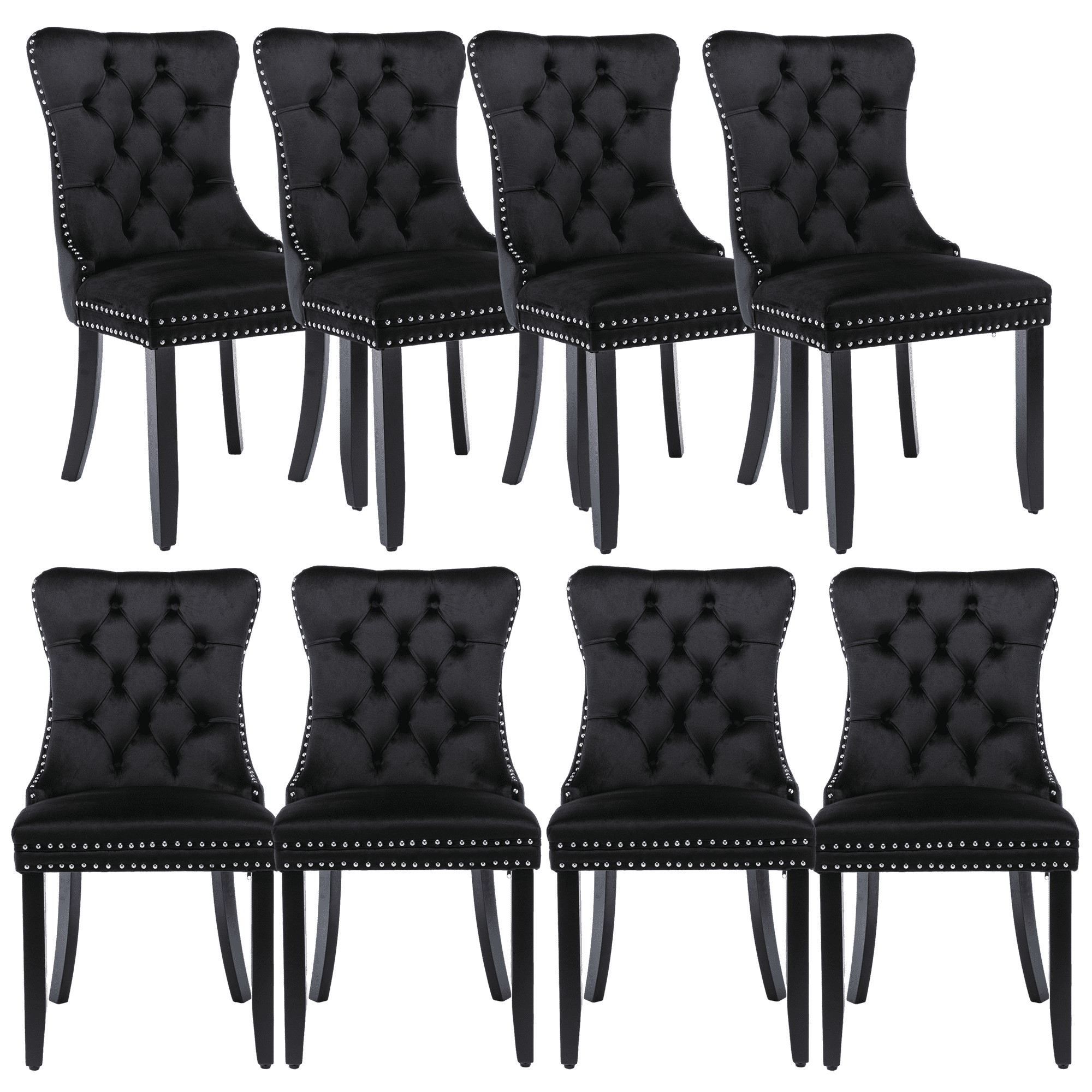 Elegant Button Tufted Dining Chairs, High-end Velvet Upholstered Dining Chairs with Nailhead Back and Ring Pull Trim, Solid Wood Dining Chairs for Kitchen Bedroom Dining Room (Black,Set of 8)