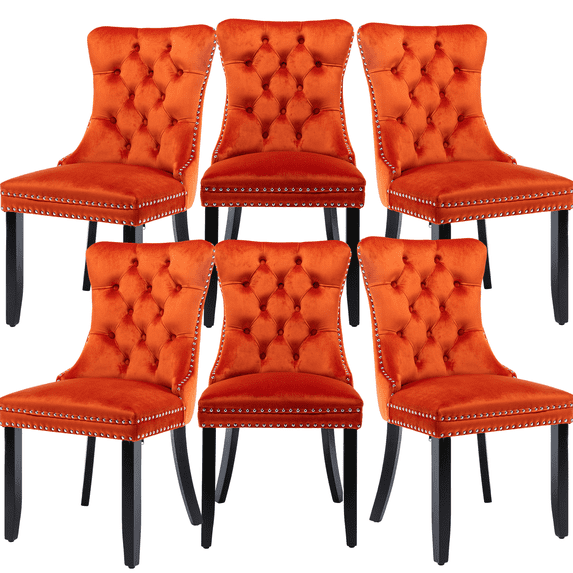 Elegant Button Tufted Dining Chairs, High-end Velvet Upholstered Dining Chairs with Nailhead Back and Ring Pull Trim, Solid Wood Dining Chairs for Kitchen Bedroom Dining Room (Orange,Set of 6)