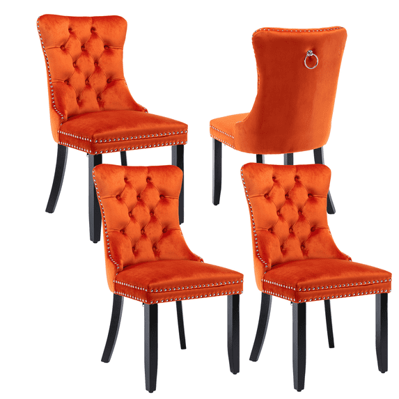 Elegant Button Tufted Dining Chairs, High-end Velvet Upholstered Dining Chairs with Nailhead Back and Ring Pull Trim, Solid Wood Dining Chairs for Kitchen Bedroom Dining Room (Orange,Set of 4)