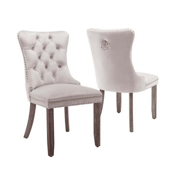 Elegant Button Tufted Dining Chairs, High-end Velvet Upholstered Dining Chairs with Nailhead Back and Ring Pull Trim, Solid Wood Dining Chairs for Kitchen Bedroom Dining Room (Beige,Set of 2)