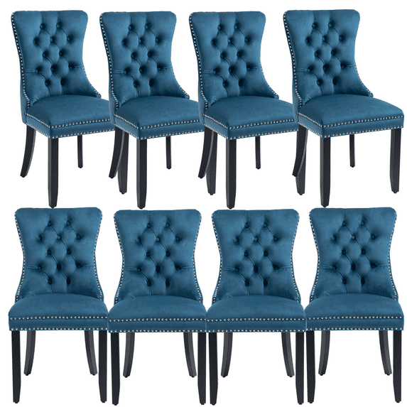 Elegant Button Tufted Dining Chairs, High-end Velvet Upholstered Dining Chairs with Nailhead Back and Ring Pull Trim, Solid Wood Dining Chairs for Kitchen Bedroom Dining Room (Teal,Set of 8)