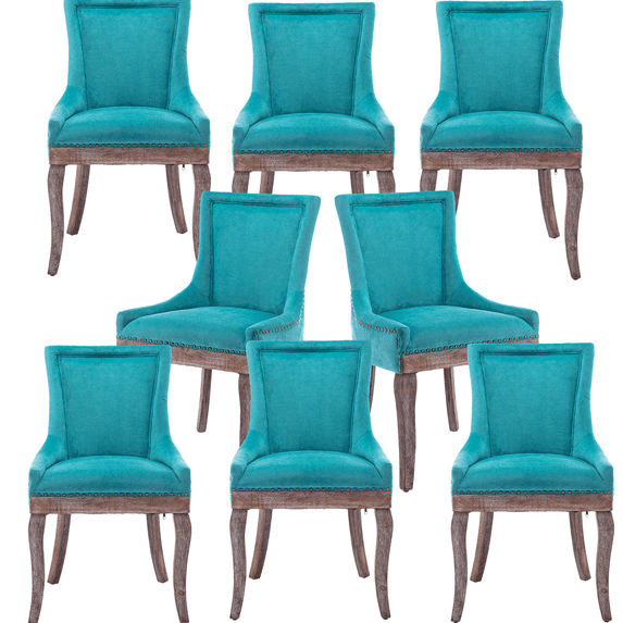 Elegant Button Tufted Side Dining Chairs, High-end Thickened Fabric Dining Chairs with Bronze Nail head, Solid Wood Dining Chairs for Kitchen Bedroom Dining Room (Blue,Set of 8)