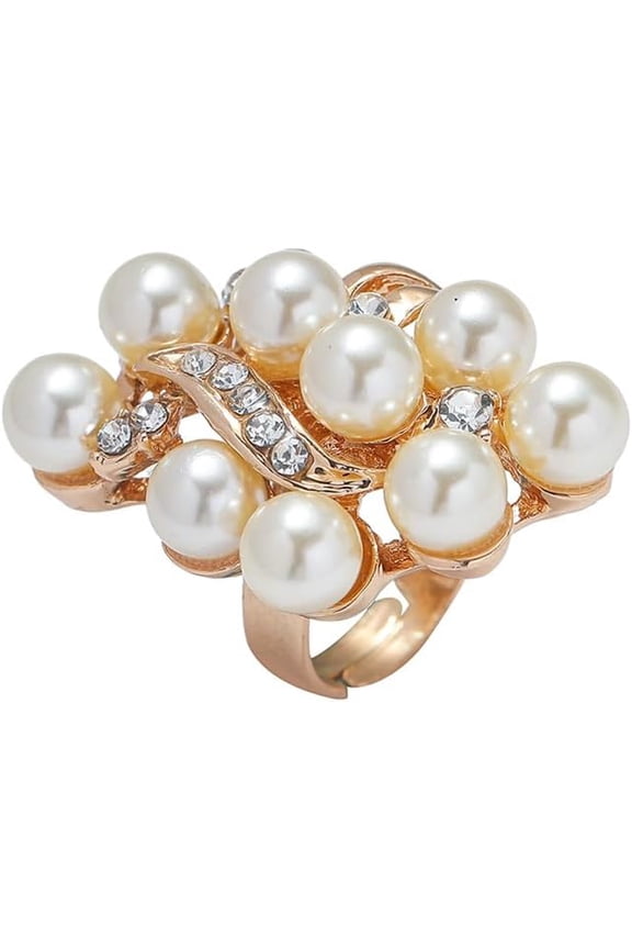 Elegant CZ Pearl Statement Wedding Ring for Women Lady Rhinestone Crystal Artificial Shell Pearls Ball Cluster Adjustable Wrap Band Rings Birthday Cocktail Party Ring Comfort Fit Jewelry