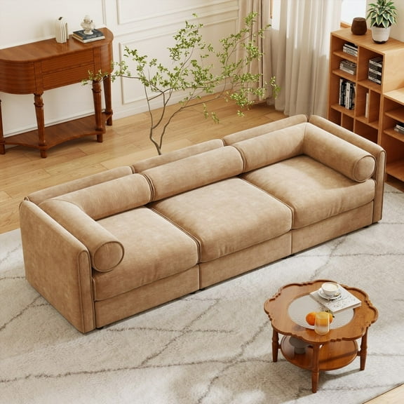 Elegant Camel Chenille Sofa with Storage & Cylindrical Design