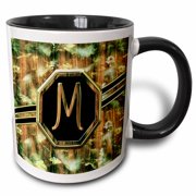 3drose, Elegant Camouflage Monogram Letter M Faux Gold Wood Grain Image, 15oz Two-tone Black Mug