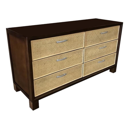 D-Art Collection Elegant Cane Dresser 6 Drawer in Mahogany Wood