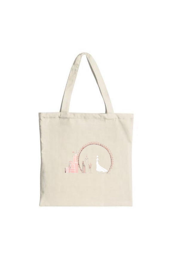 Elegant Canvas Tote Bag featuring a silhouette of a bride beside a Ferris wheel perfect for weddings parties and shopping