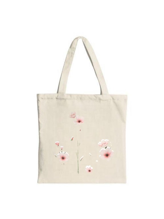 Elegant Canvas Tote Bag with Delicate Pink Watercolor Flowers and Green Stems Perfect for Shopping Travel and Parties