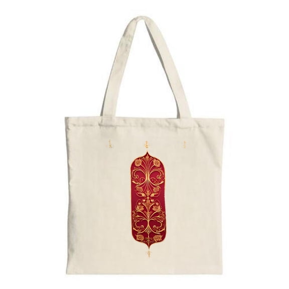 Elegant Canvas Tote Bag with Intricate Golden Patterns on Red Perfect for Shopping Travel and Parties - Stylish & Reusable